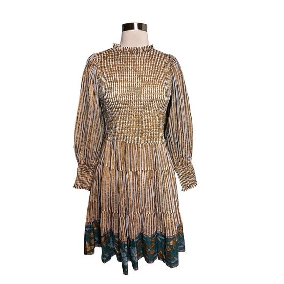 Oliphant Dresses & Skirts - OLIPHANT Dress S Smocked High Neck Mini Gold Striped Block Print Balloon Sleeve